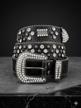 B.B. Simon Black Leather Belt with Crystal-Studded Buckle